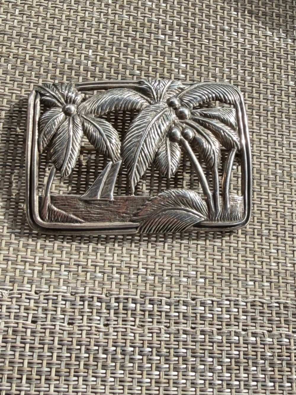 Sterling Silver Palm Tree Beach Boat Brooch 2” circa 1950 - Picture 3 of 5
